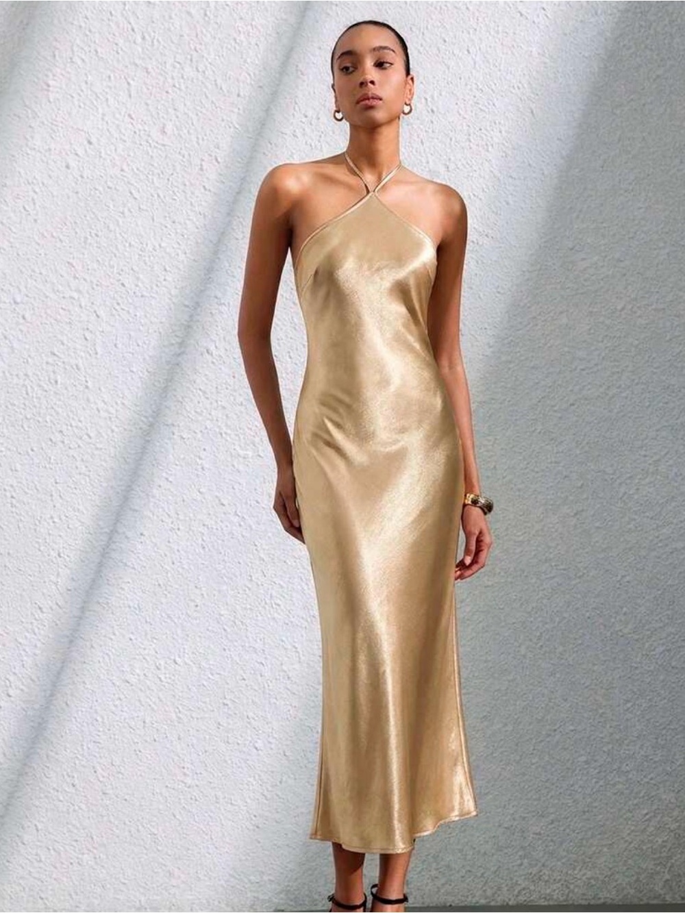 Gold Slip Halter Midi Dress